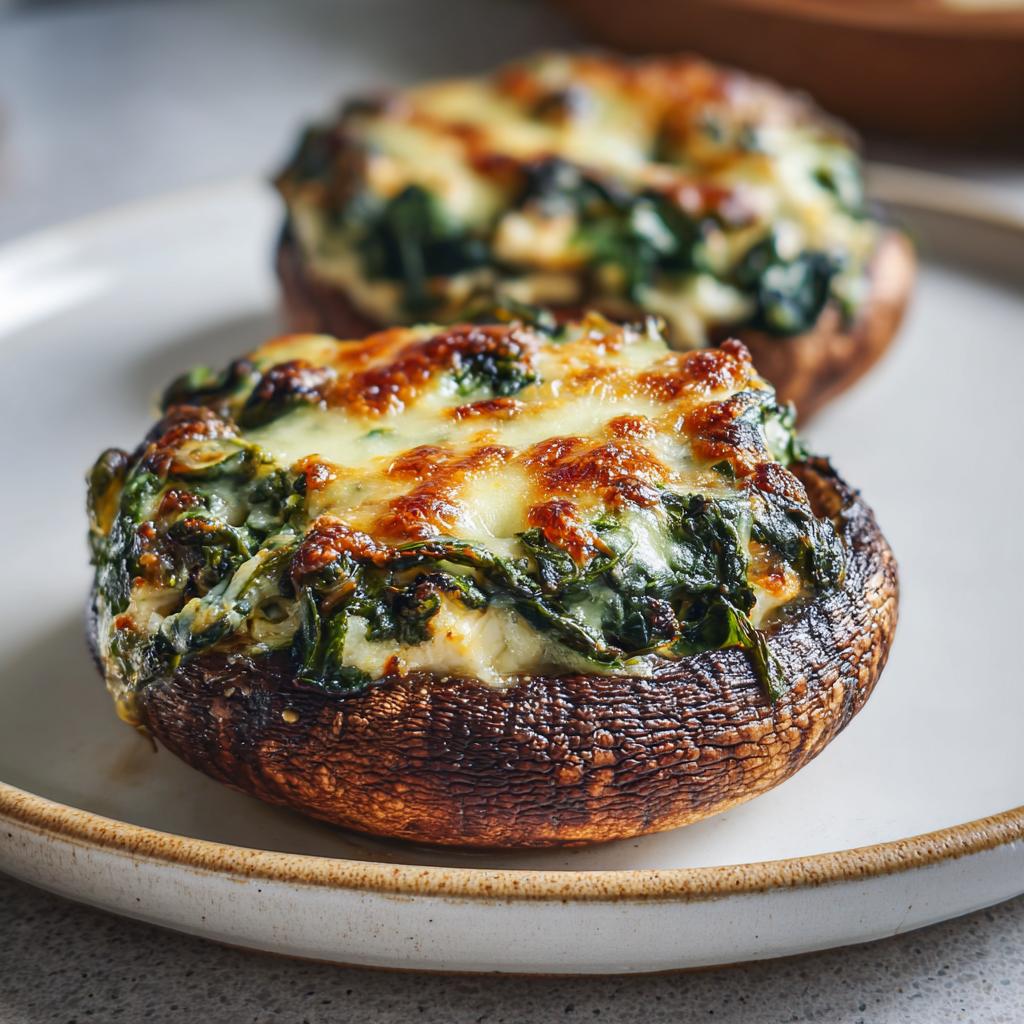 Two golden brown spinach and feta stuffed portobello mushrooms on a white plate.