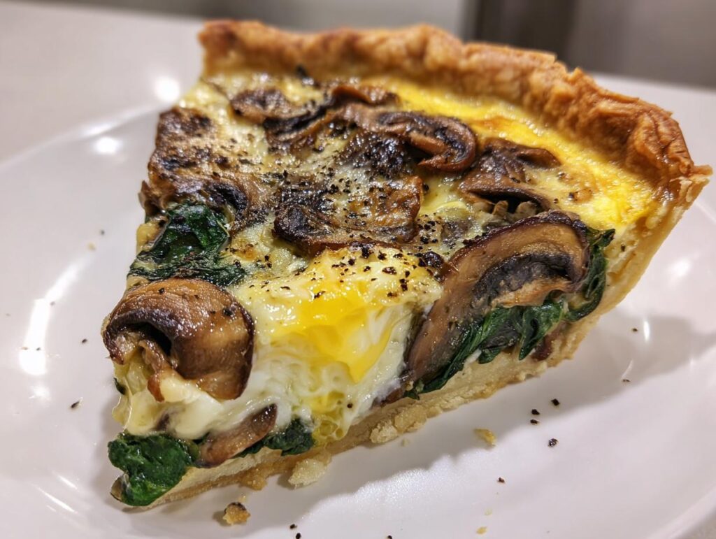 Close-up of a spinach mushroom quiche slice on white plate with browned mushrooms and spinach.