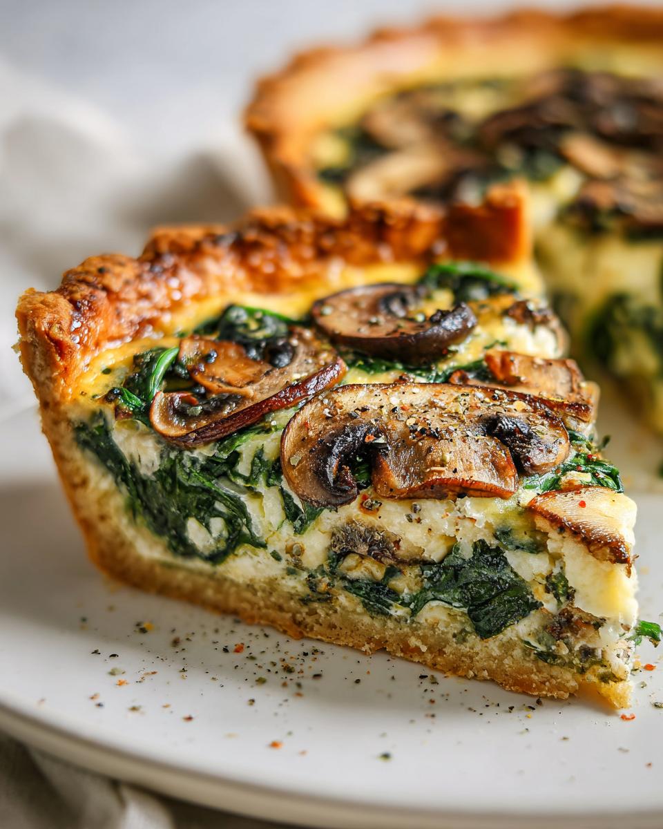 A slice of spinach mushroom quiche topped with sautéed mushrooms on a white plate.