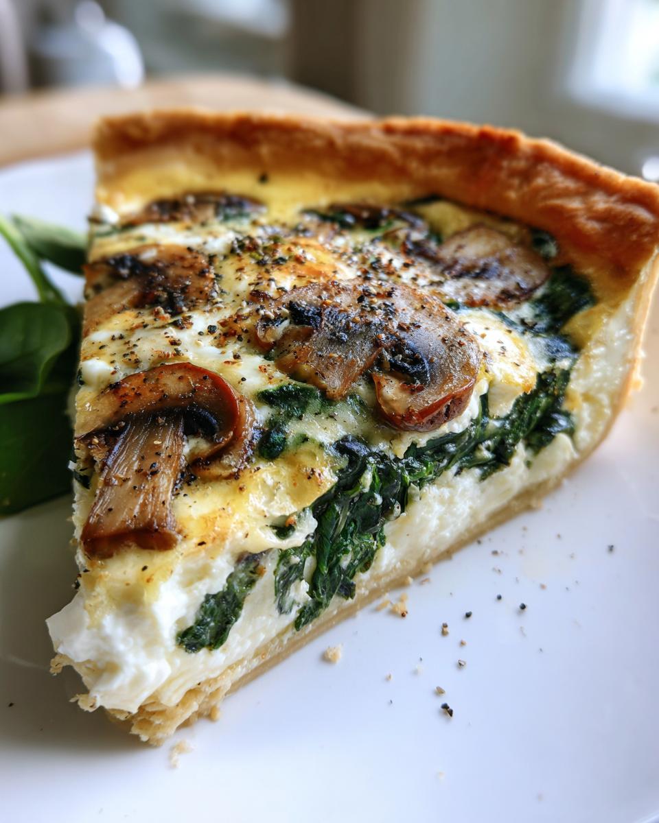 Slice of spinach mushroom quiche with golden crust and seasoning on white plate.