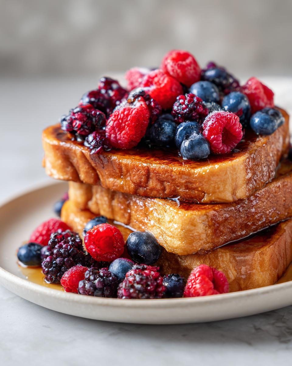 Close-up of mixed berry french toast topped with raspberries, blueberries, blackberries, and syrup.