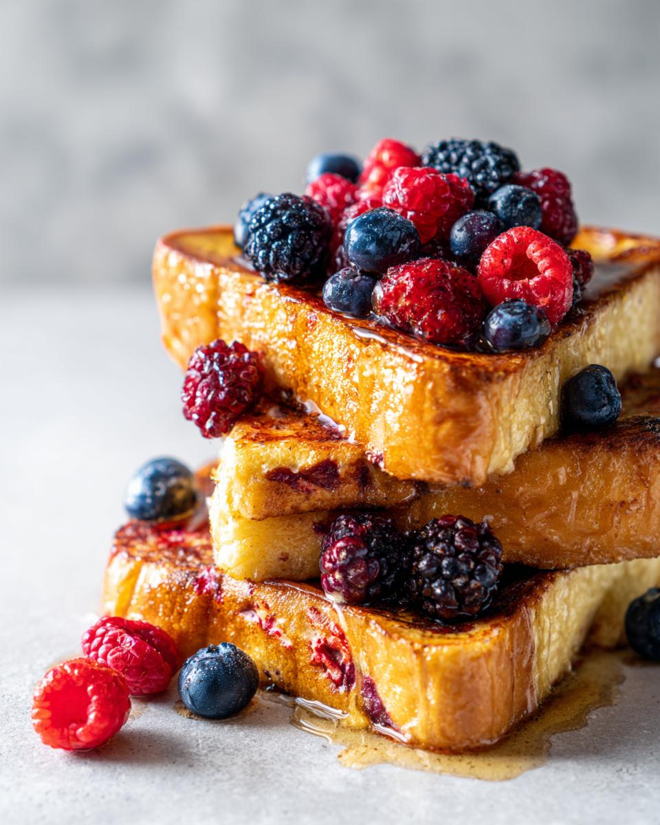 Stack of mixed berry french toast topped with fresh raspberries, blackberries, and blueberries drizzled with syrup.
