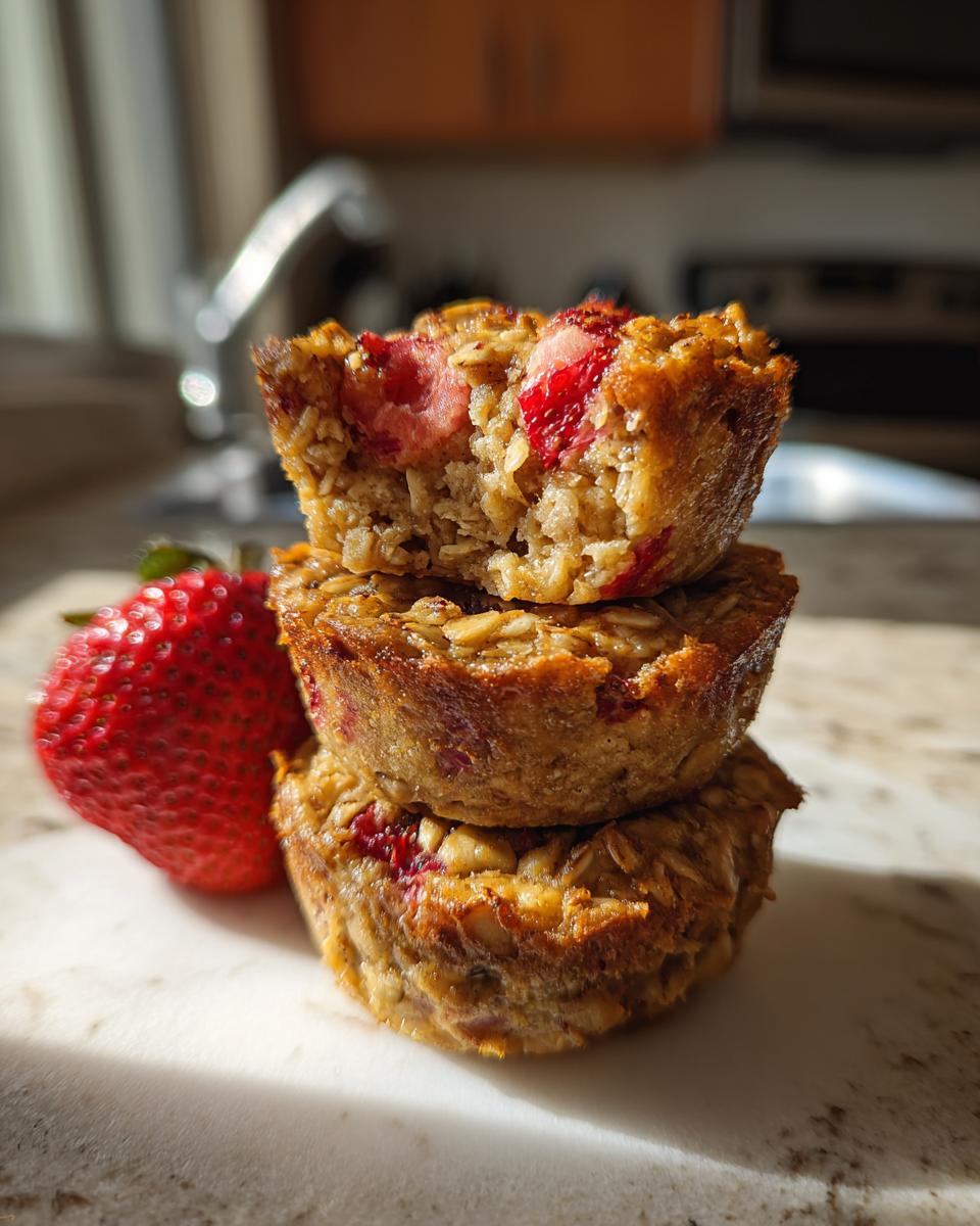Close-up of stacked strawberry banana baked oatmeal cups with fresh strawberry on marble