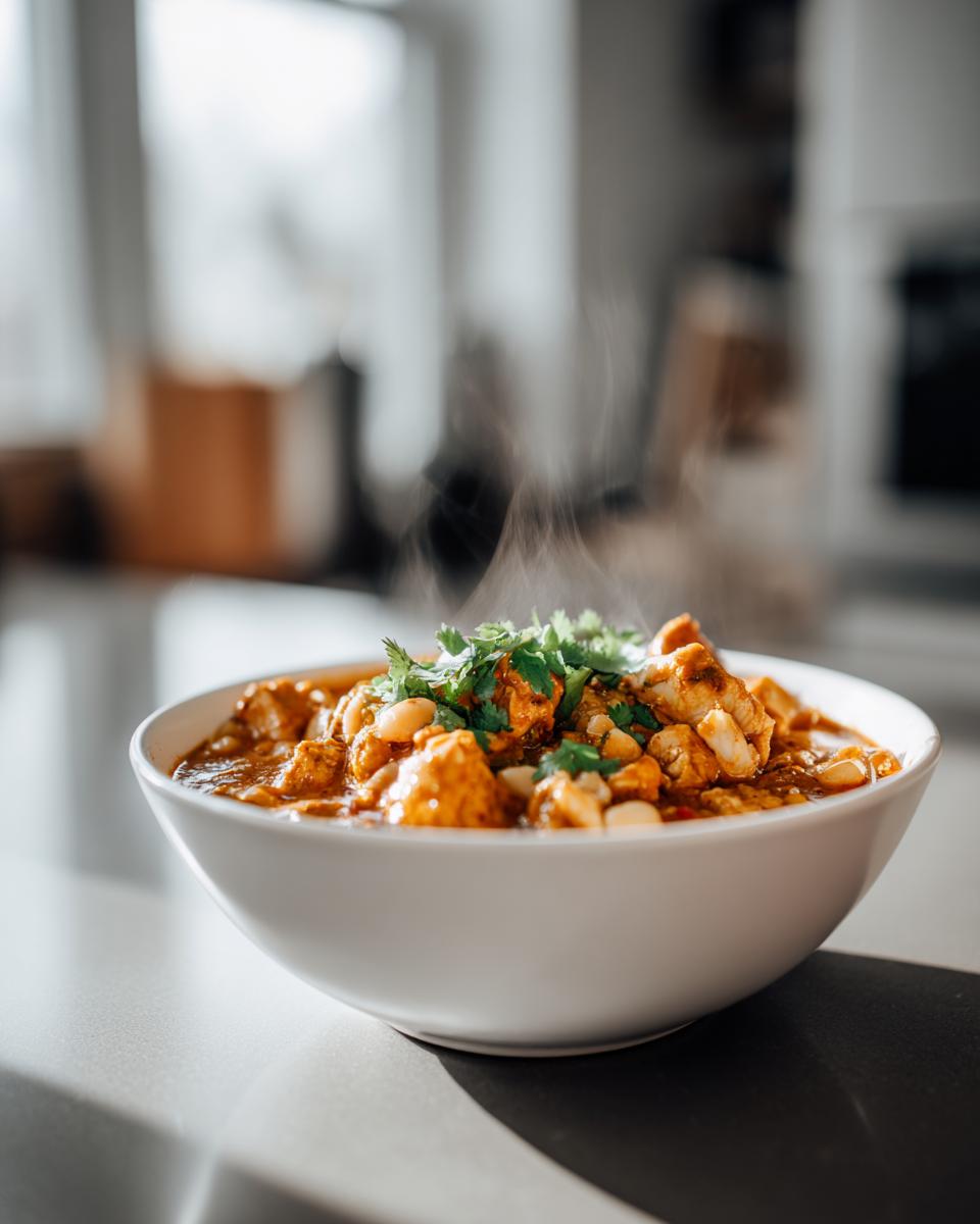 Bowl of steaming chicken white bean chili garnished with fresh cilantro on a kitchen counter