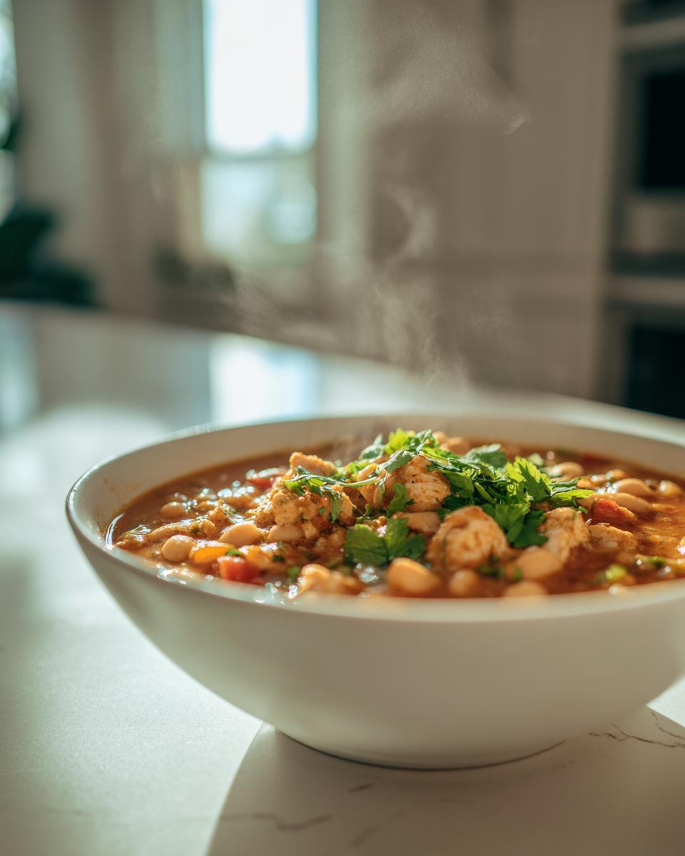 Close-up of a steaming bowl of chicken white bean chili garnished with fresh herbs