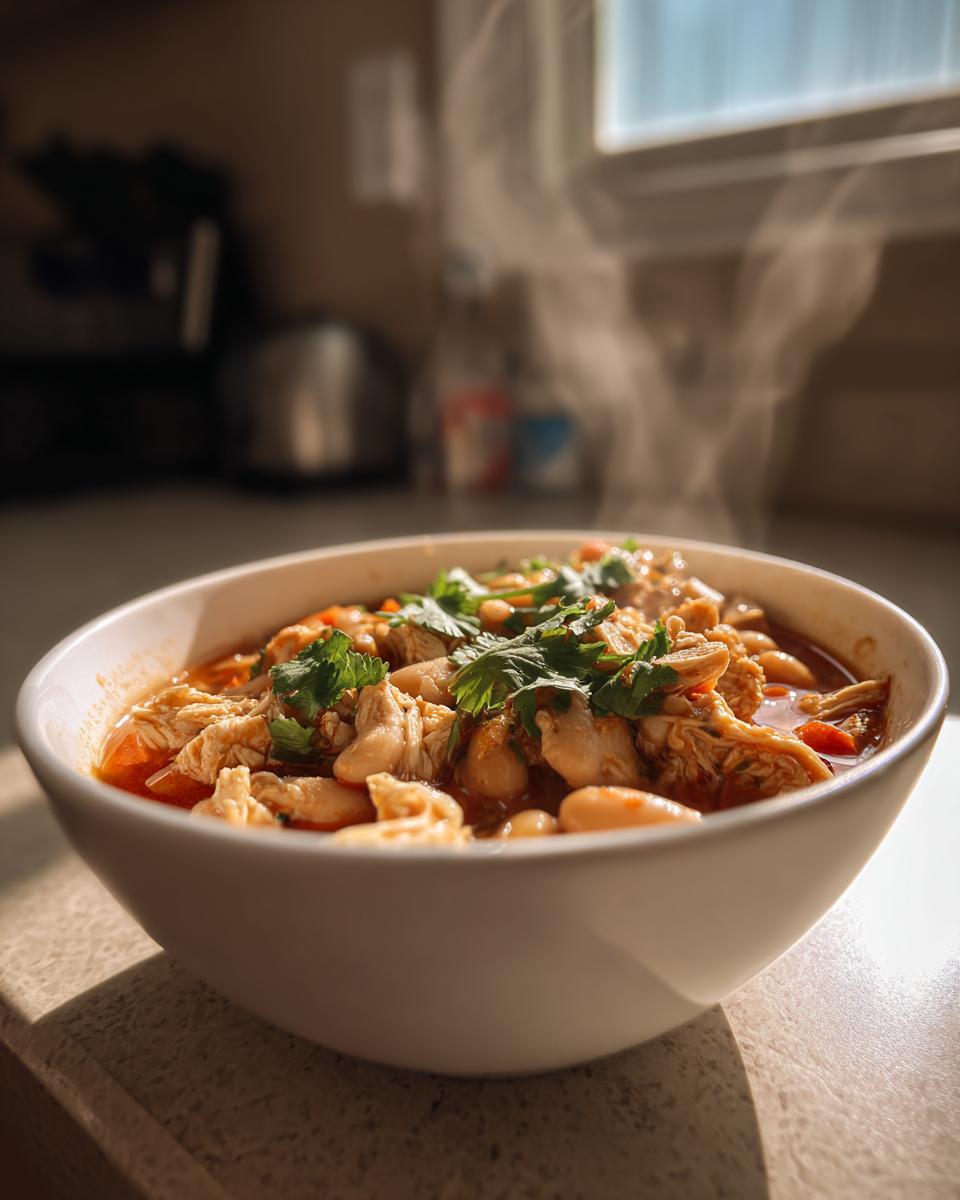 Bowl of steaming chicken white bean chili garnished with fresh cilantro on countertop