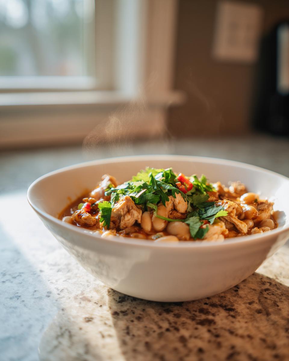 A white bowl filled with steaming chicken white bean chili garnished with fresh herbs.