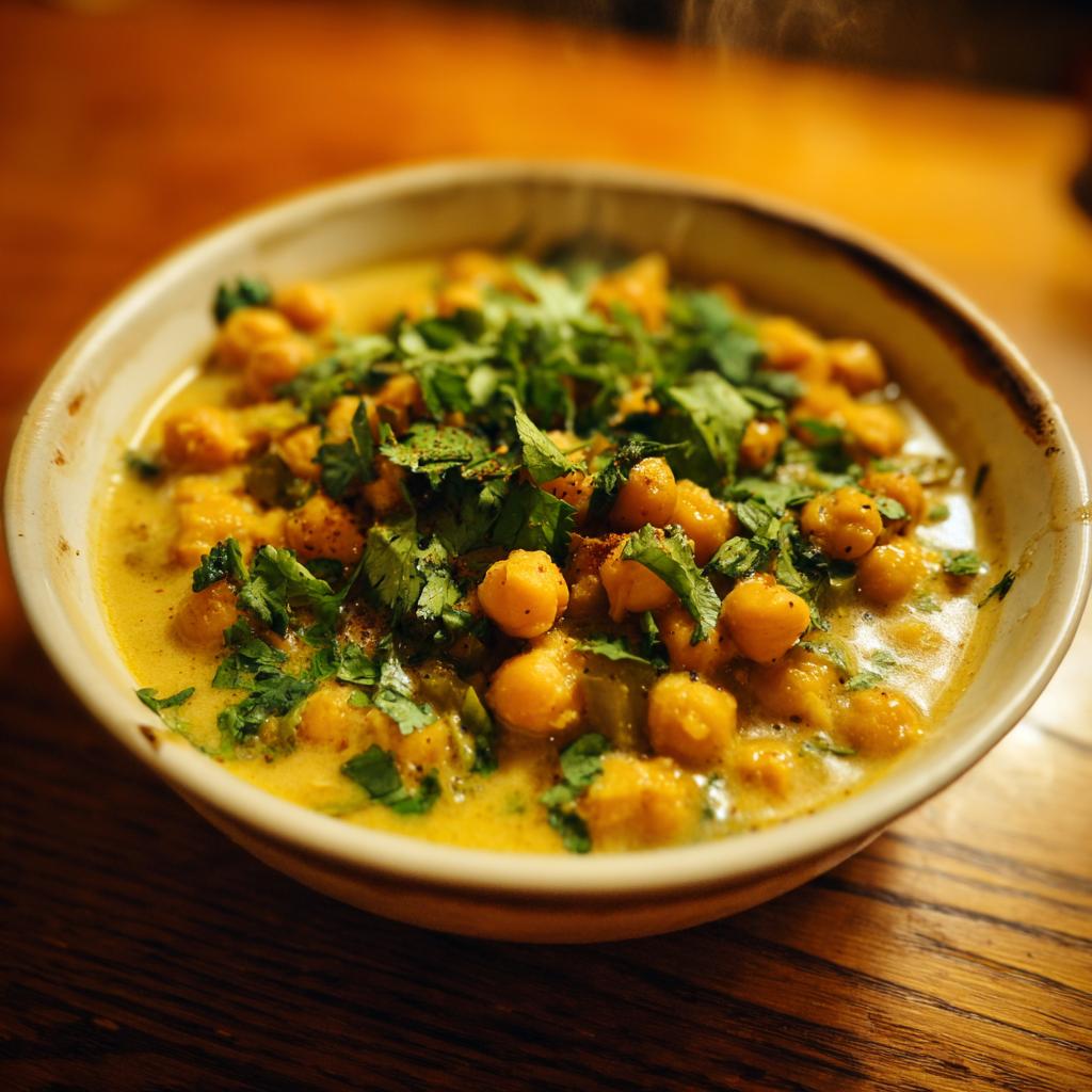 Bowl of chickpea coconut curry garnished with fresh chopped cilantro on wooden table