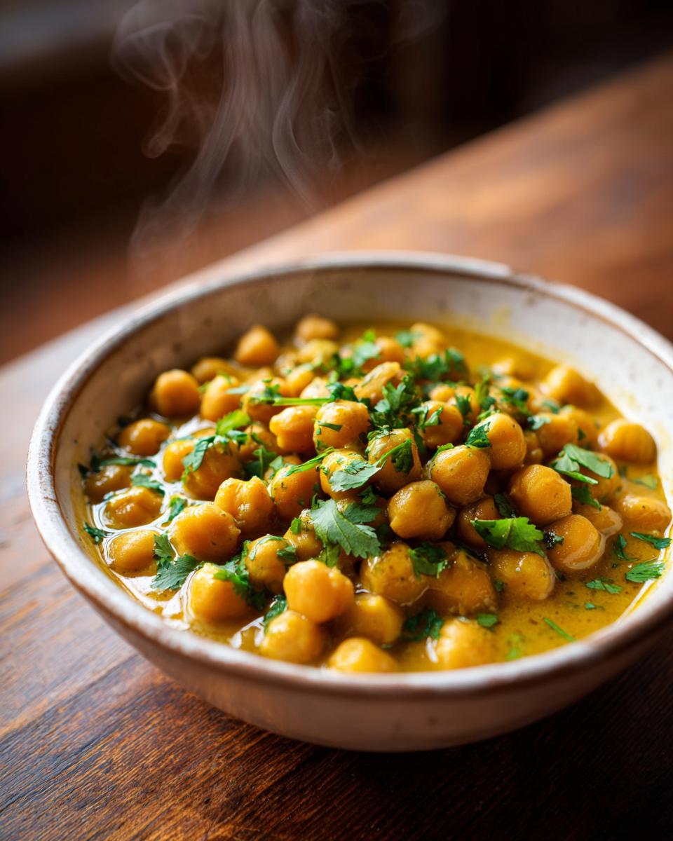 Bowl of chickpea coconut curry garnished with fresh cilantro on wooden surface
