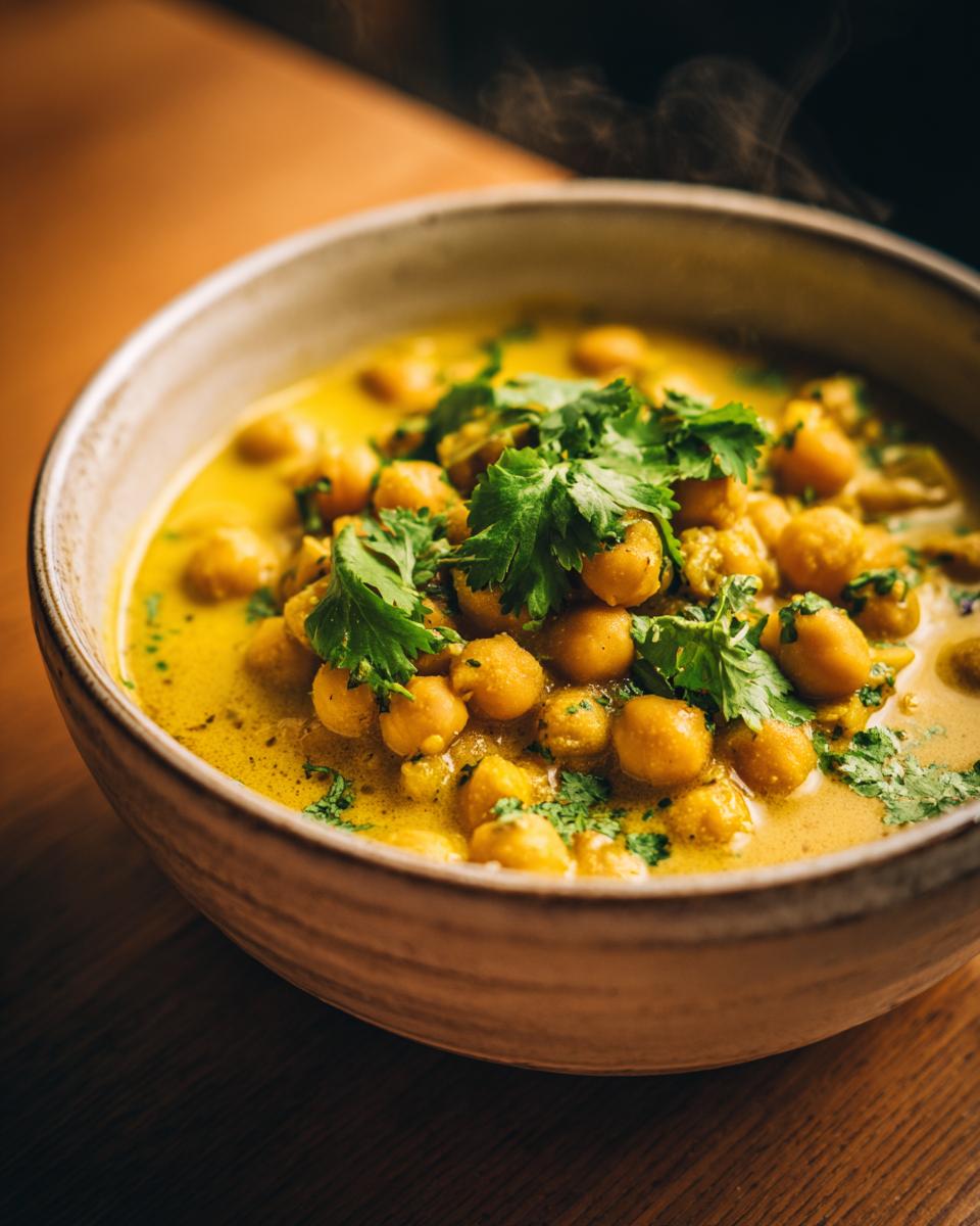 Hot chickpea coconut curry garnished with fresh cilantro in a rustic bowl