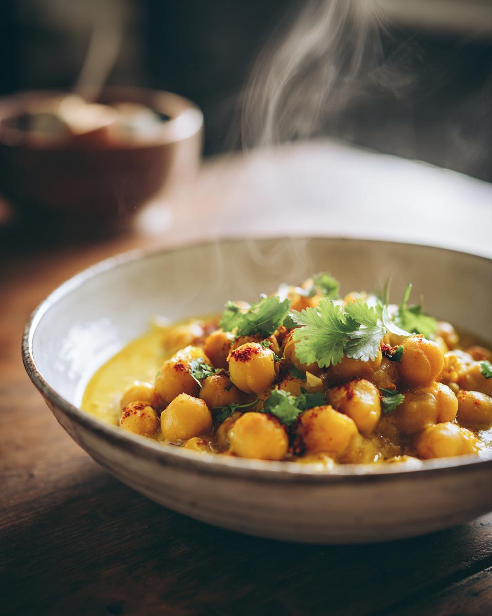 Steaming chickpea coconut curry garnished with fresh cilantro in a rustic bowl.