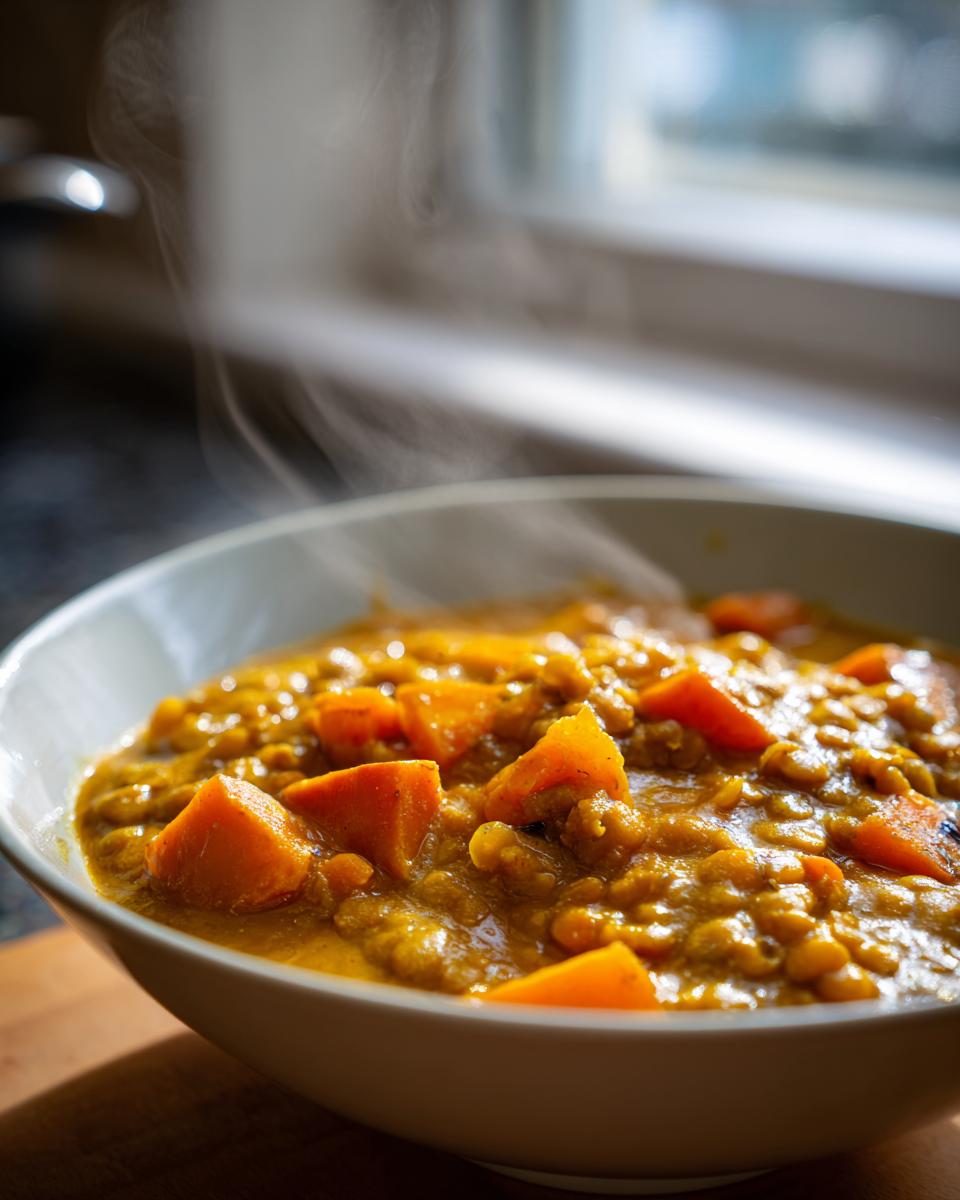 Bowl of steaming lentil sweet potato curry with visible chunks of sweet potato and lentils.