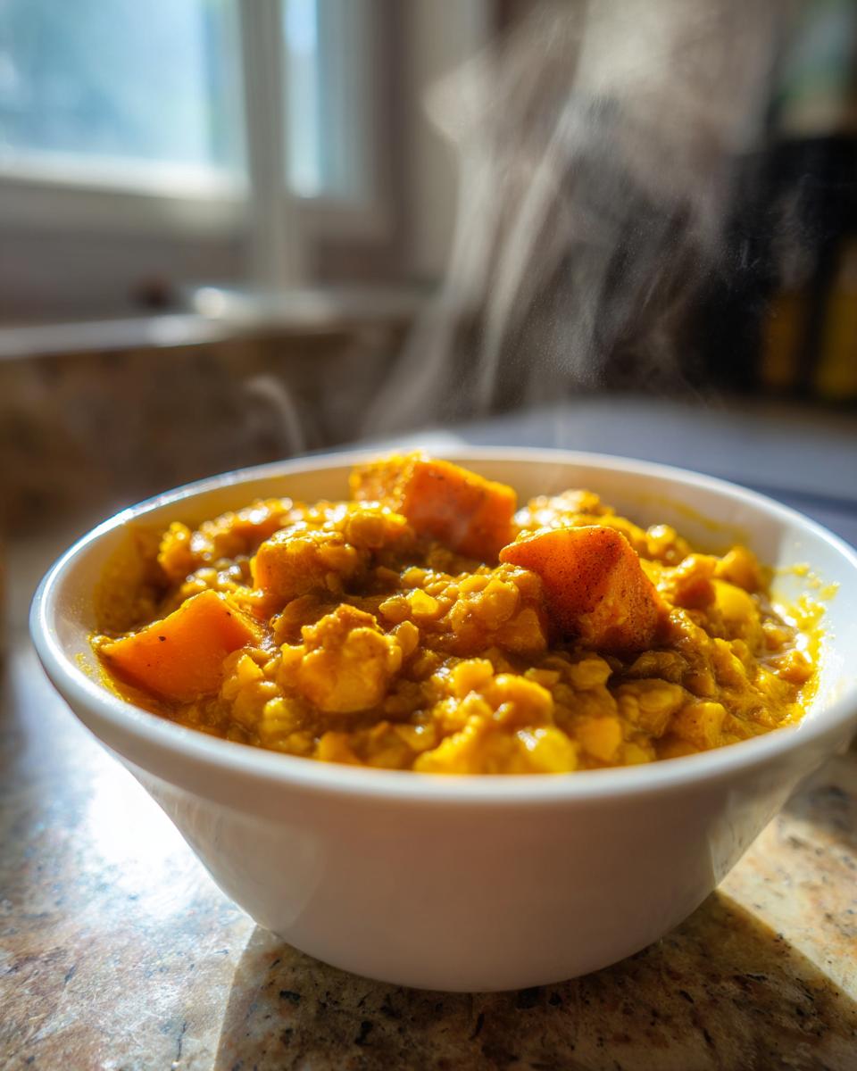 White bowl filled with steaming lentil sweet potato curry on a kitchen counter