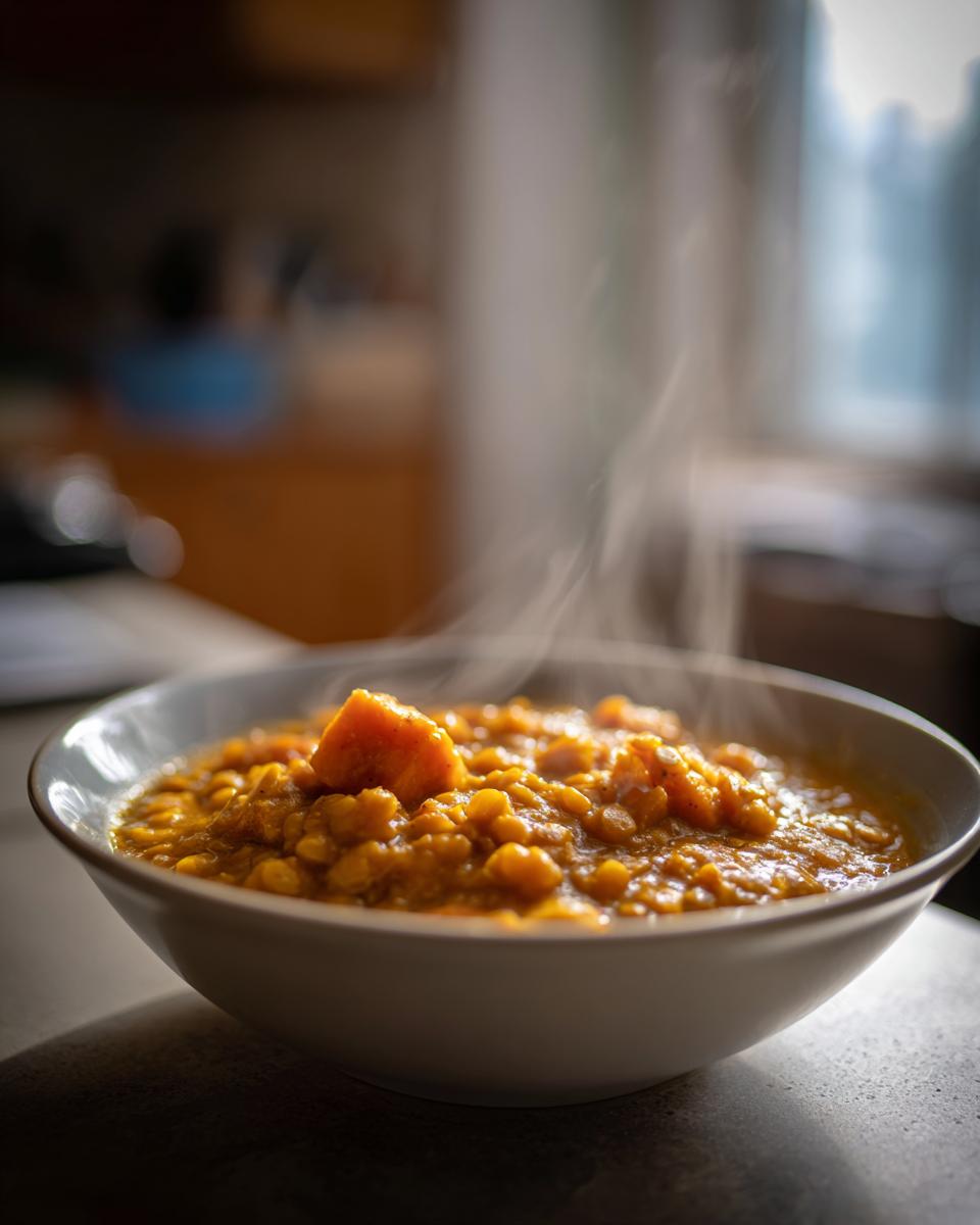 A steaming bowl filled with vibrant lentil sweet potato curry on a kitchen counter.