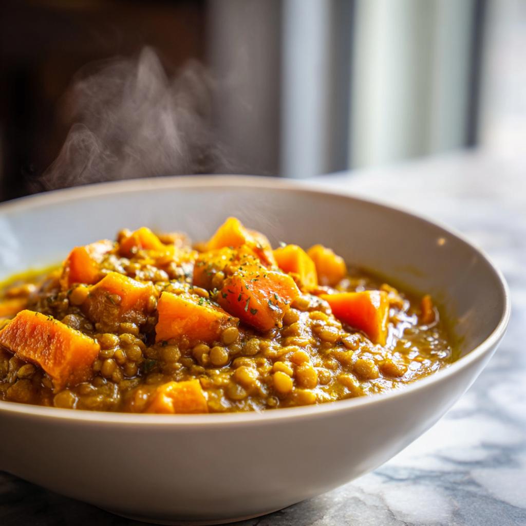 A bowl of steaming lentil sweet potato curry with golden lentils and chunks of sweet potato