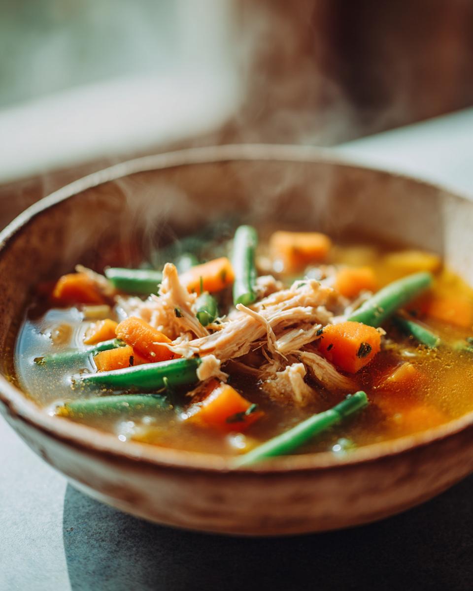 Close-up of steaming turkey vegetable soup with green beans and carrots in a rustic bowl