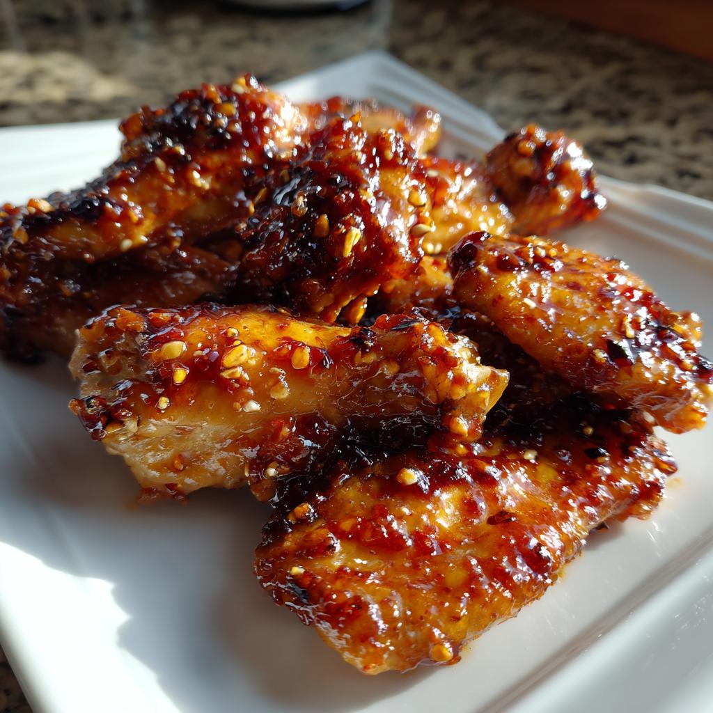 Close-up of sticky asian style baked chicken wings coated in a glossy, spicy sauce on a white plate.