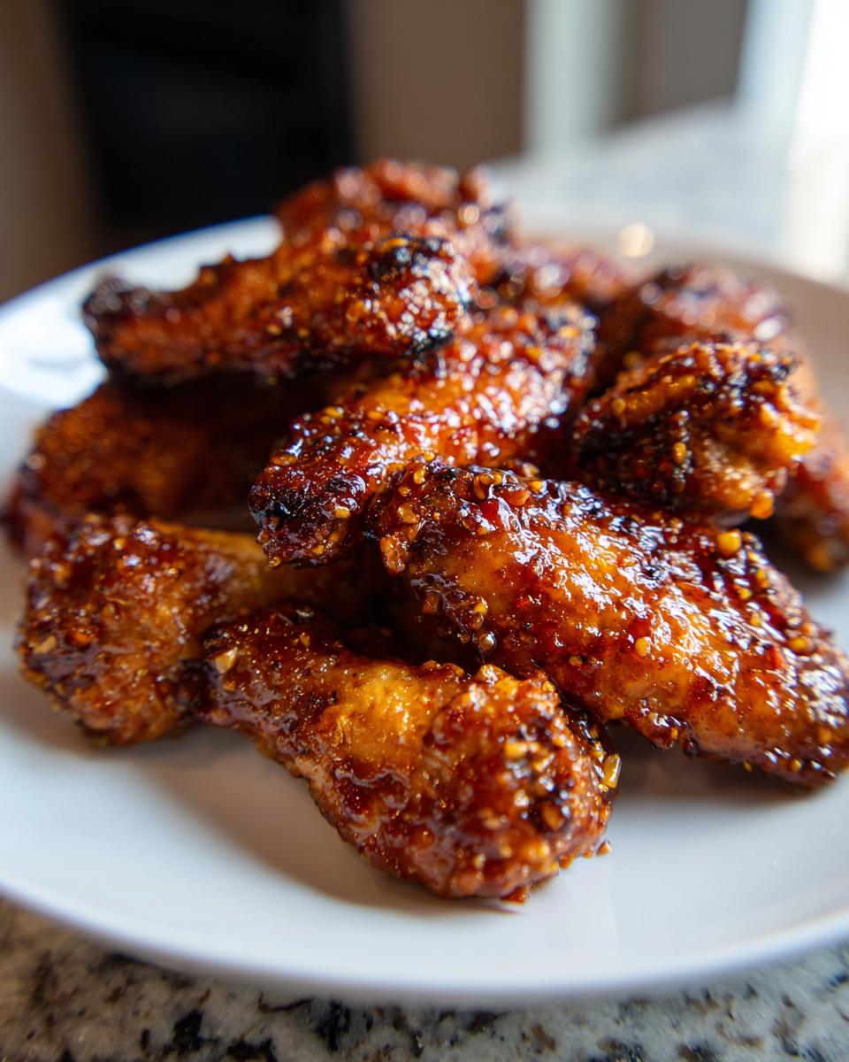 Close-up of sticky asian style baked chicken wings with glaze and seasoning on a white plate.