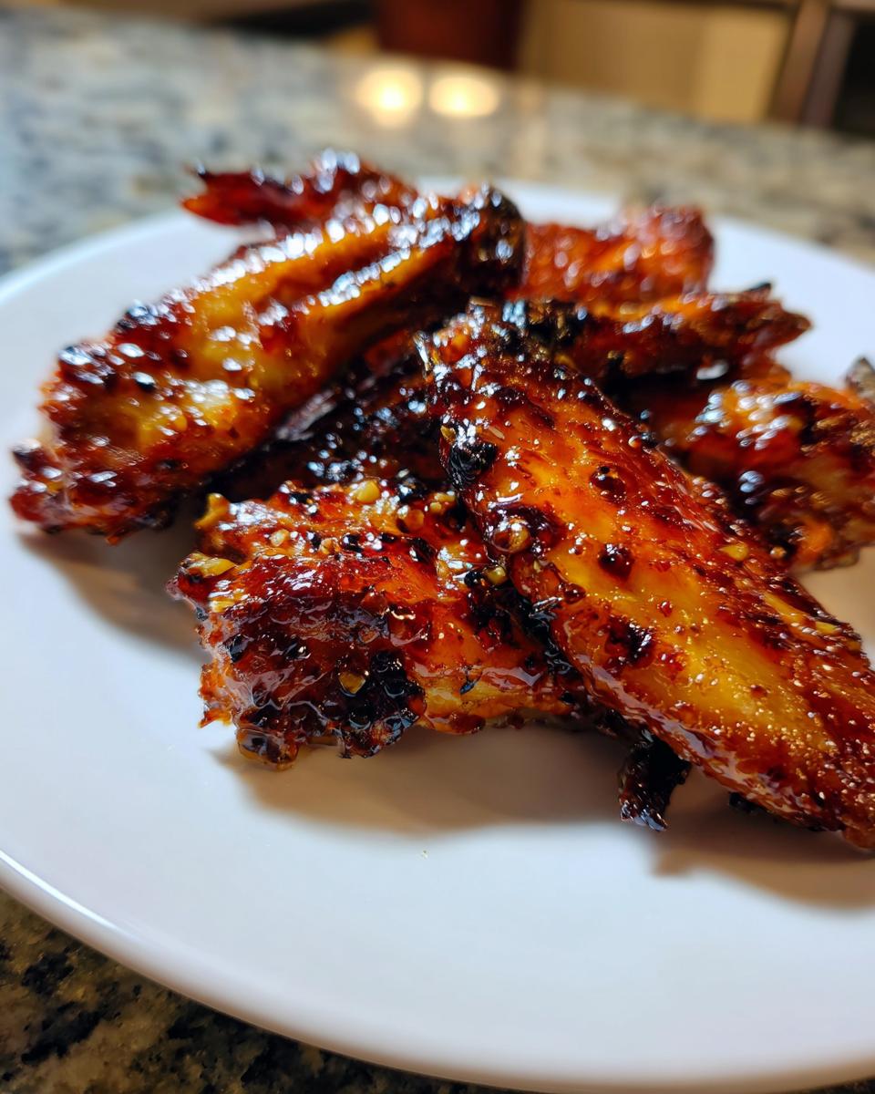 Plate of sticky asian style baked chicken wings with a glossy, caramelized glaze.