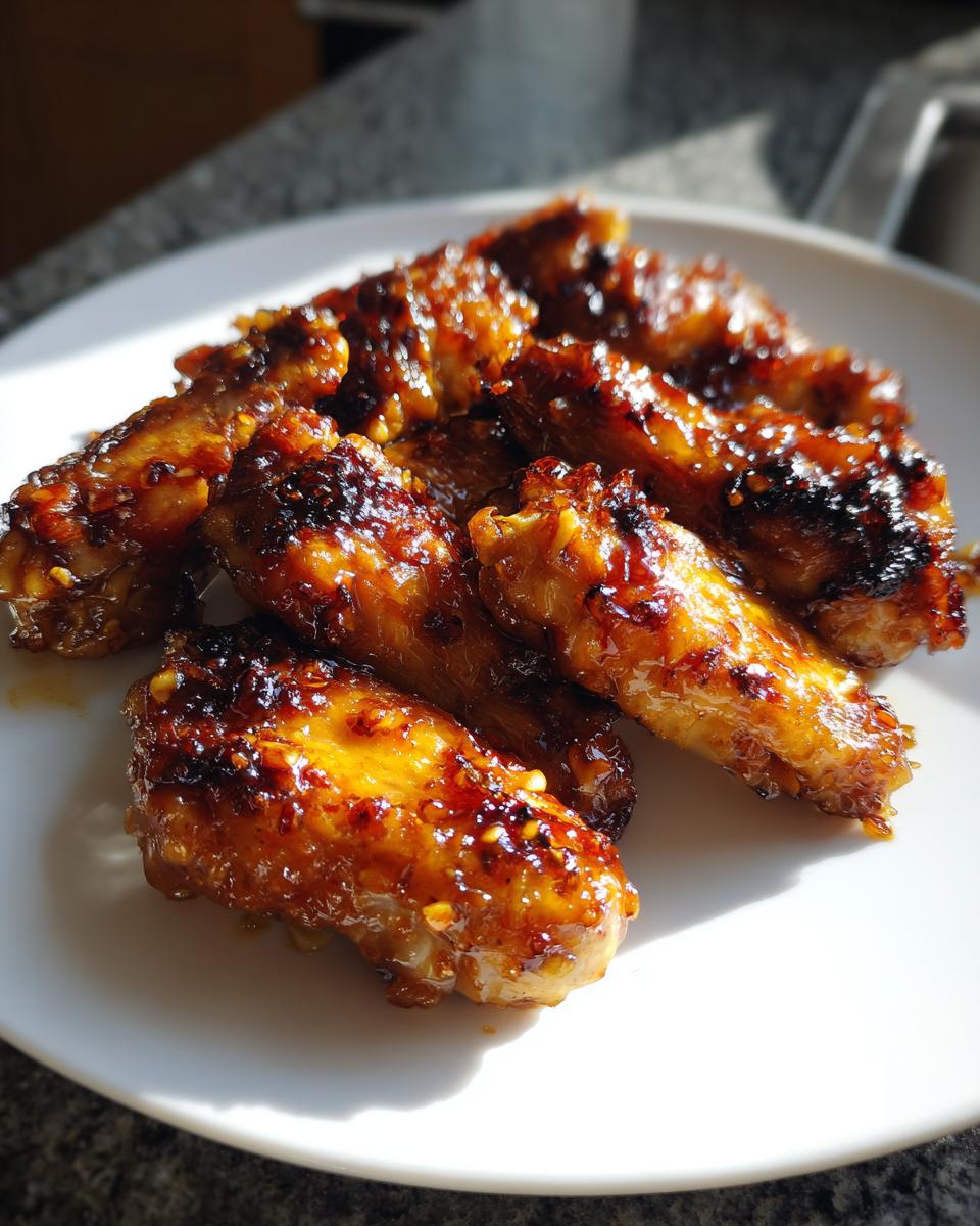 Plate of sticky asian style baked chicken wings glazed and caramelized with sesame seeds