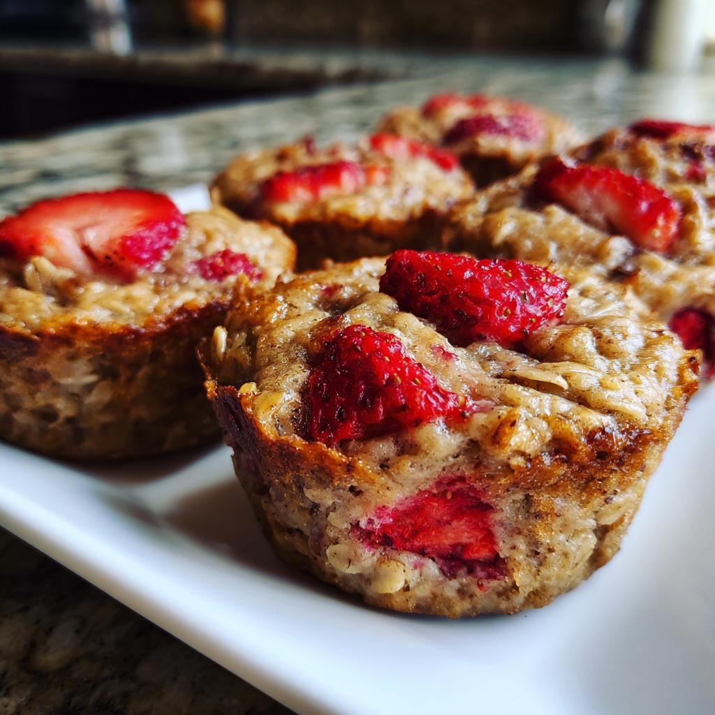Close-up of golden strawberry banana baked oatmeal cups with visible strawberry pieces on a white plate