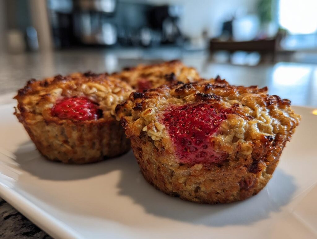 Three golden brown strawberry banana baked oatmeal cups on a white plate with fresh strawberries visible