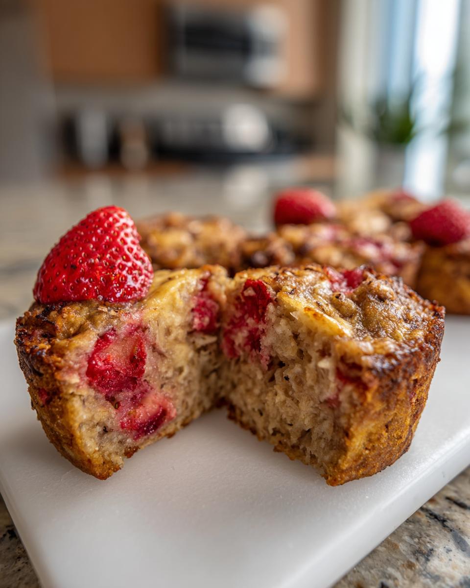 Close-up of a strawberry banana baked oatmeal cup cut in half on a white board with fresh strawberries.