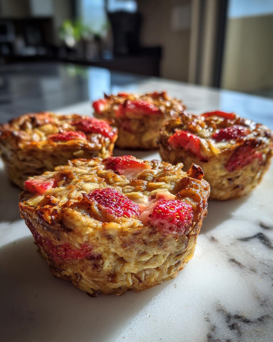 Close-up of fresh strawberry banana baked oatmeal cups with visible oats and strawberry pieces.