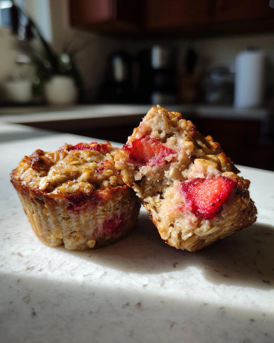 Two strawberry banana baked oatmeal cups on a white counter with visible chunks of strawberries