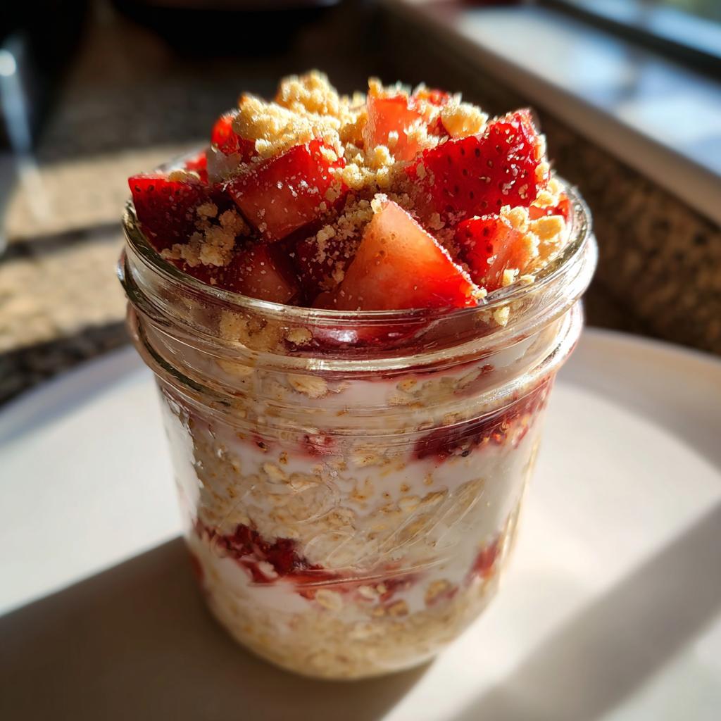 Jar of strawberry cheesecake overnight oats with fresh strawberries and crumbled topping