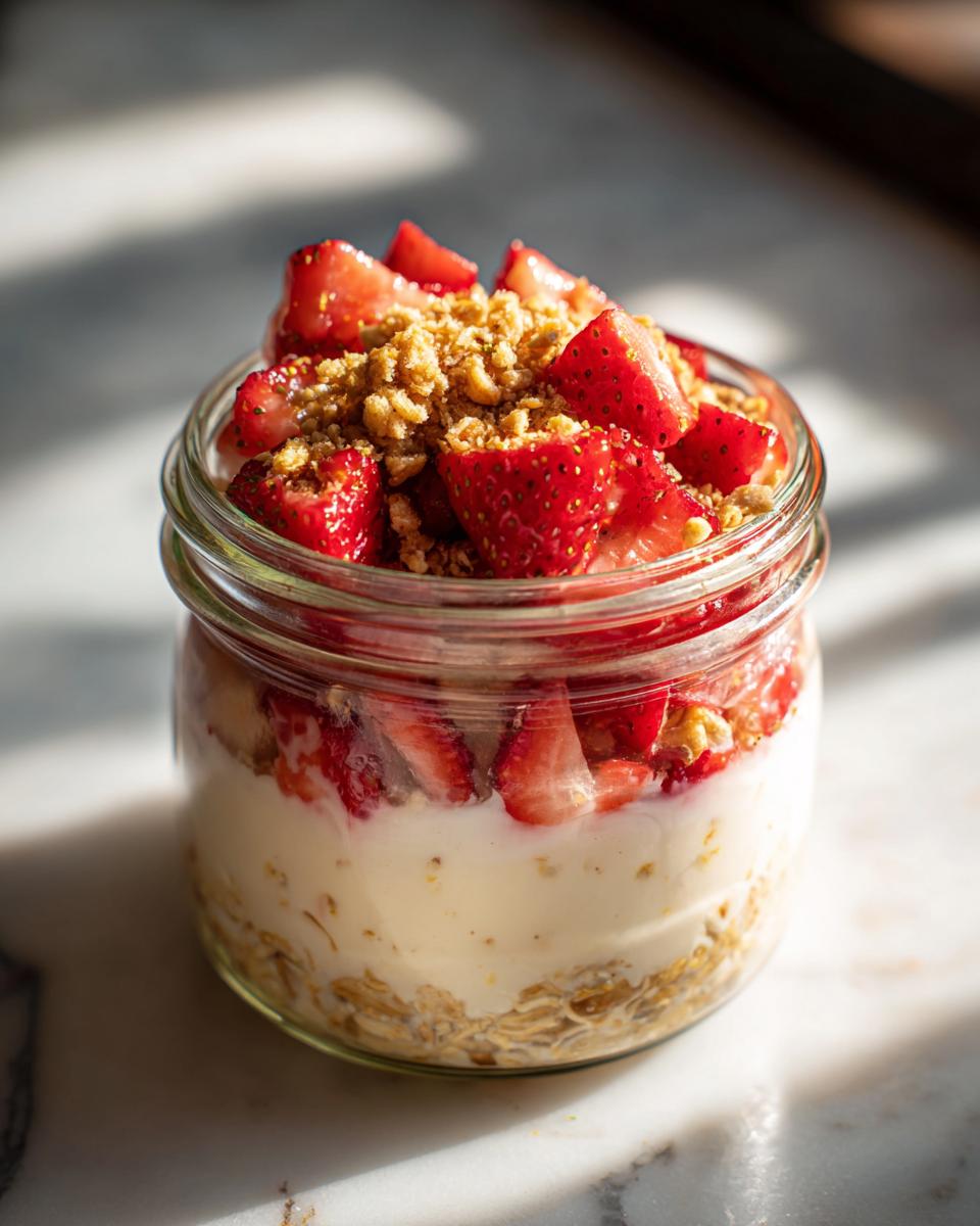 Glass jar filled with creamy strawberry cheesecake overnight oats topped with fresh strawberries and granola