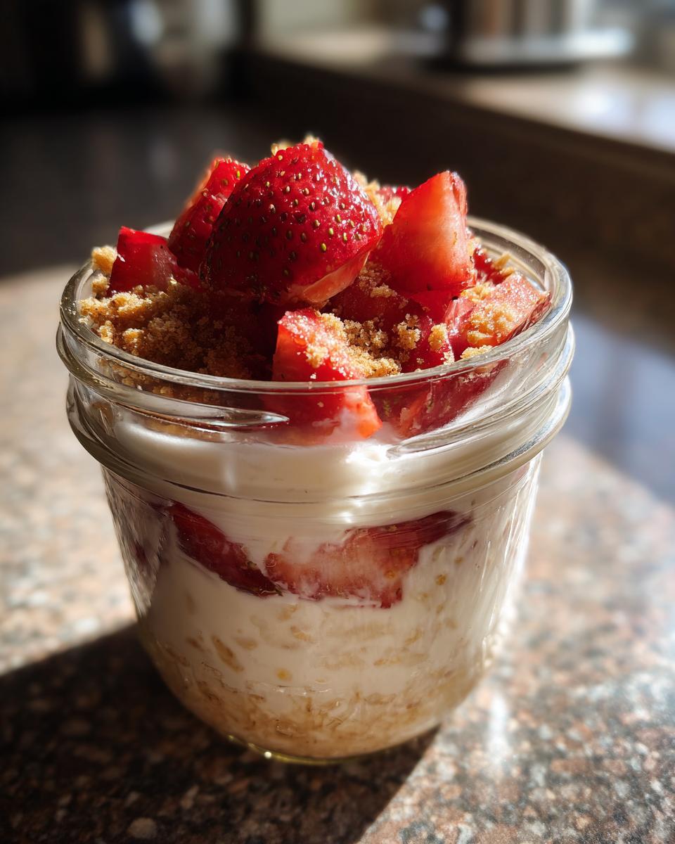 A jar filled with strawberry cheesecake overnight oats topped with fresh strawberries and brown sugar.