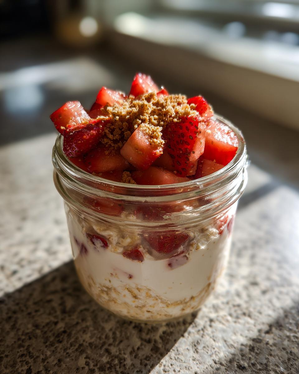 Glass jar filled with creamy strawberry cheesecake overnight oats topped with fresh chopped strawberries and crumbled biscuits.