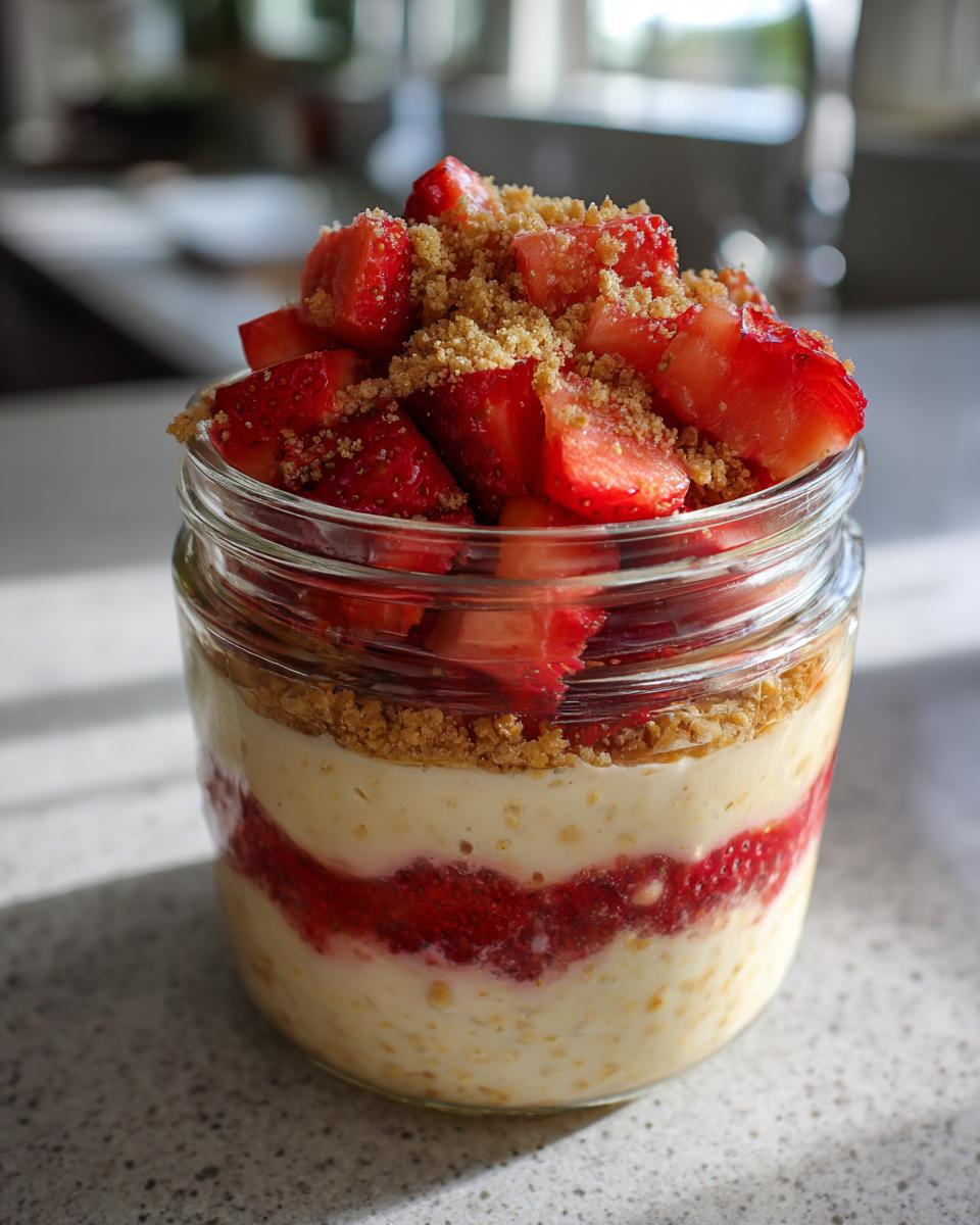 Glass jar filled with strawberry cheesecake overnight oats topped with fresh strawberries and crumbs