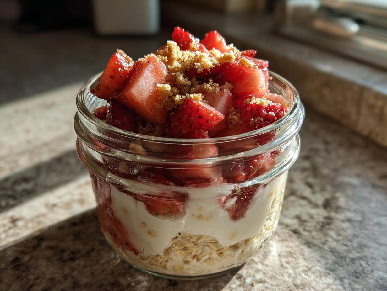 Glass jar filled with creamy strawberry cheesecake overnight oats topped with fresh strawberries and crumbs.