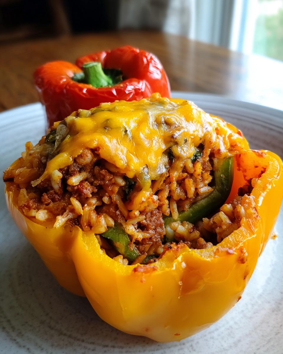 Yellow stuffed bell peppers filled with seasoned rice, ground meat, and melted cheese on a plate.