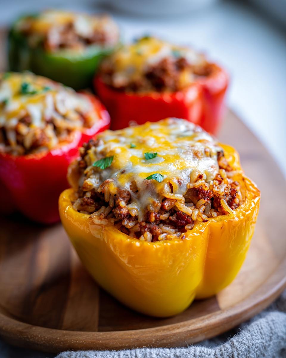 Yellow and red stuffed bell peppers filled with rice, ground meat, and melted cheese on wooden plate.