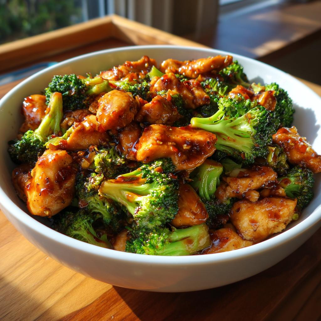 Close-up of chicken broccoli stir fry with glazed chicken pieces and vibrant broccoli florets in a white bowl