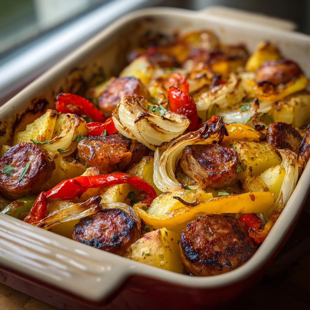 Close-up of chicken sausage potato bake with roasted onions, peppers, and potatoes in a ceramic dish