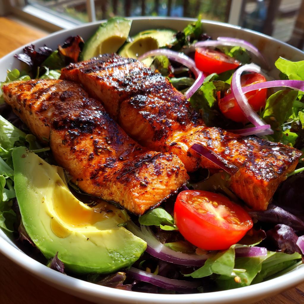 Grilled salmon salad with charred salmon, avocado slices, cherry tomatoes, and red onions on mixed greens