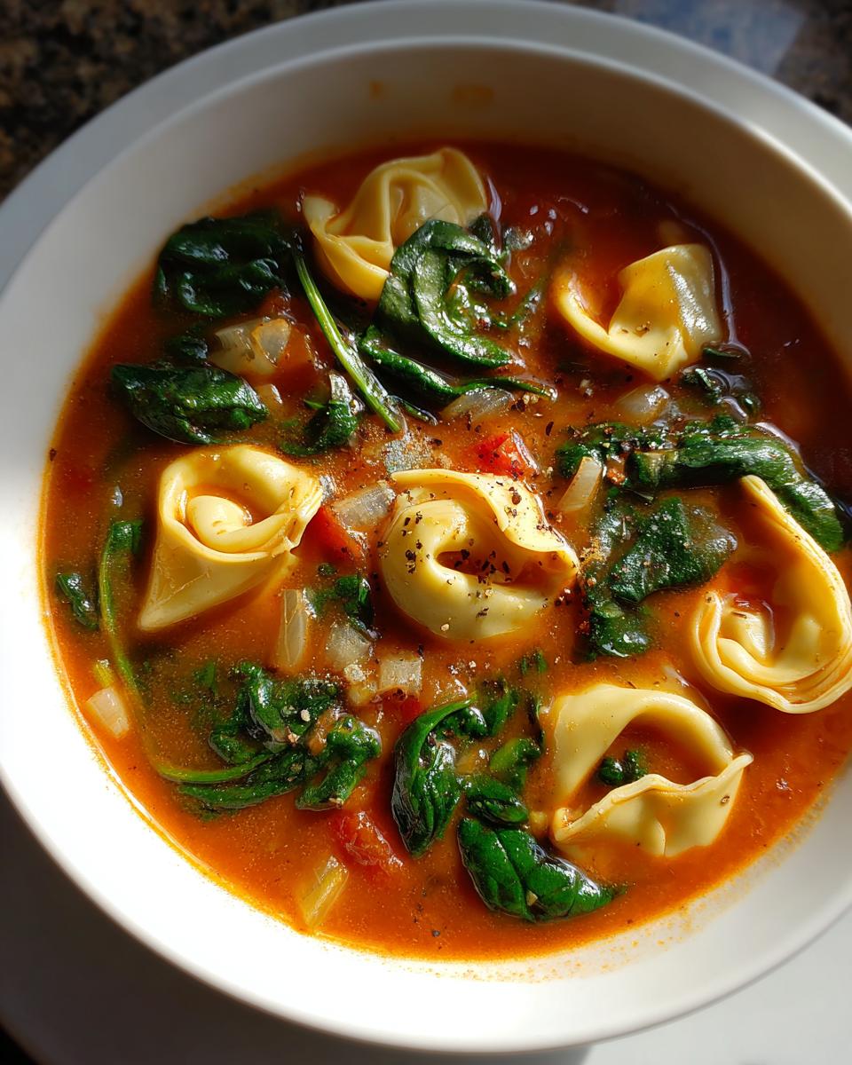 Bowl of tomato basil tortellini soup with spinach and diced onions in a rich broth