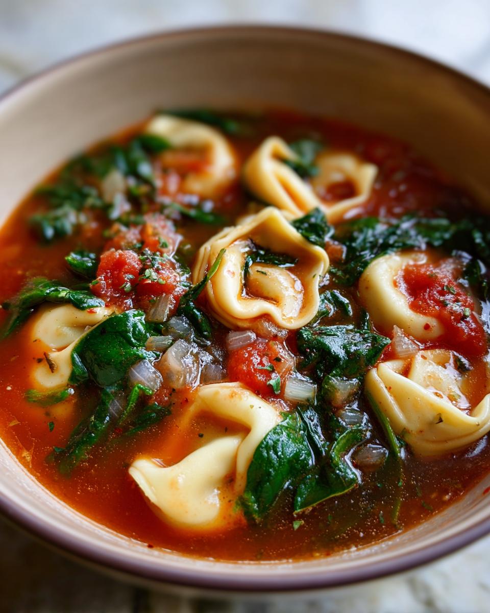 Bowl of tomato basil tortellini soup with spinach and diced tomatoes in broth