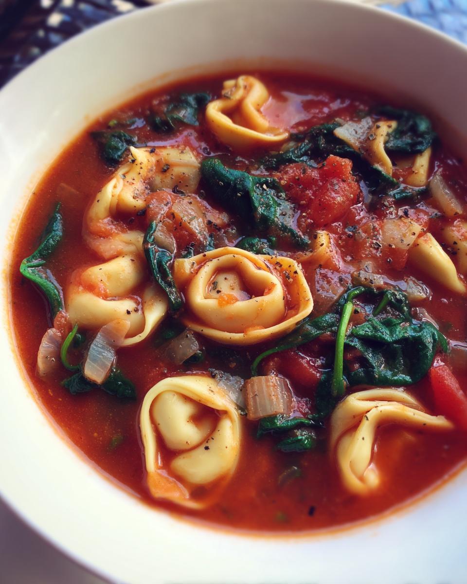 Bowl of tomato basil tortellini soup with spinach, chunks of tomato, and sprinkled black pepper