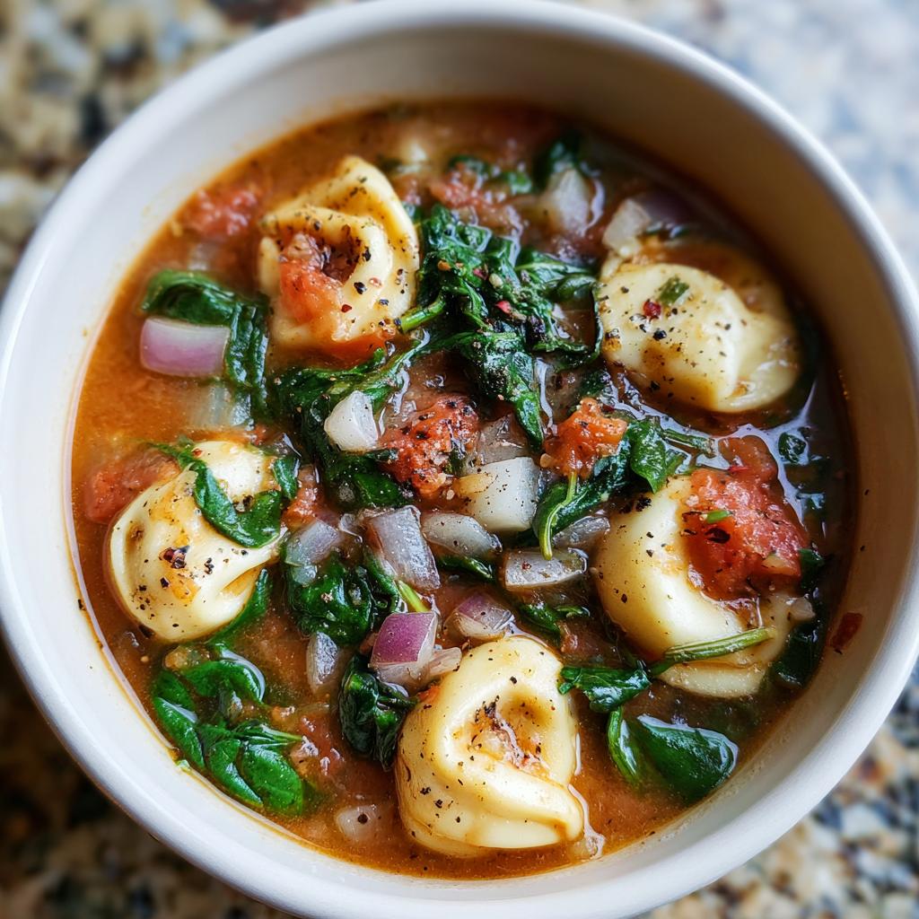 Close-up of a bowl of tomato basil tortellini soup with spinach, onions, and seasoning.