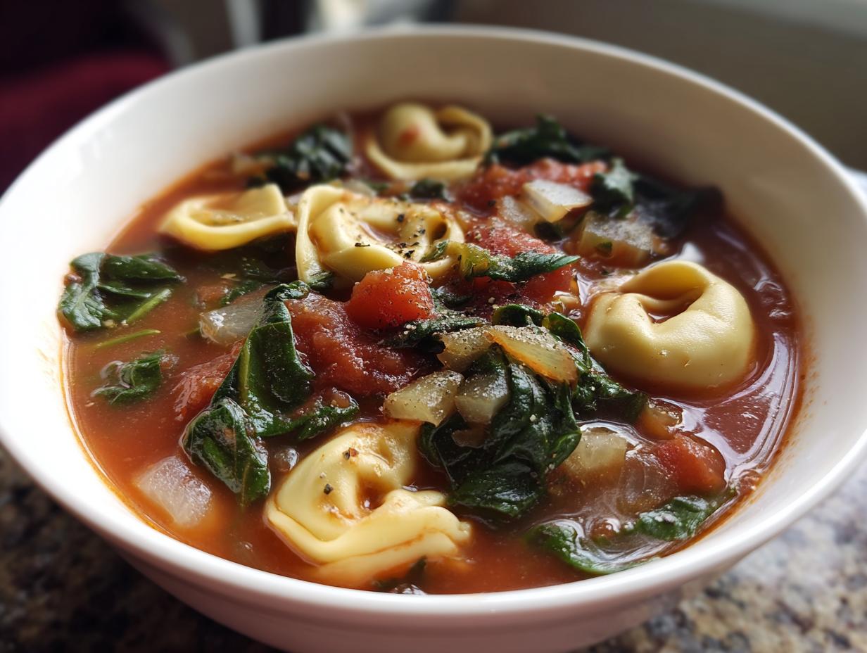 Bowl of tomato basil tortellini soup with spinach and diced onions in tomato broth
