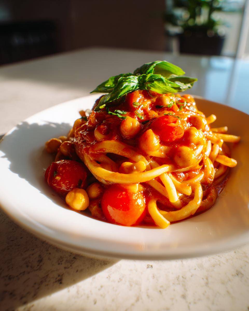 Plate of tomato chickpea pasta with cherry tomatoes and fresh basil on top.