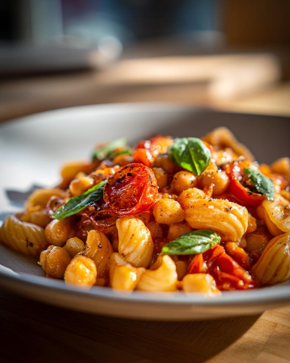 Close-up of tomato chickpea pasta with roasted tomatoes and basil leaves in a white bowl