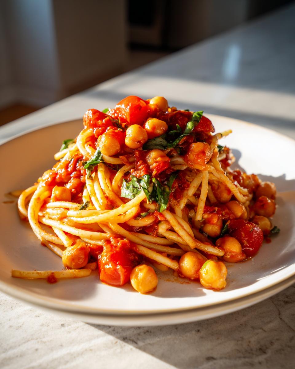 Close-up of tomato chickpea pasta garnished with fresh basil on a white plate.