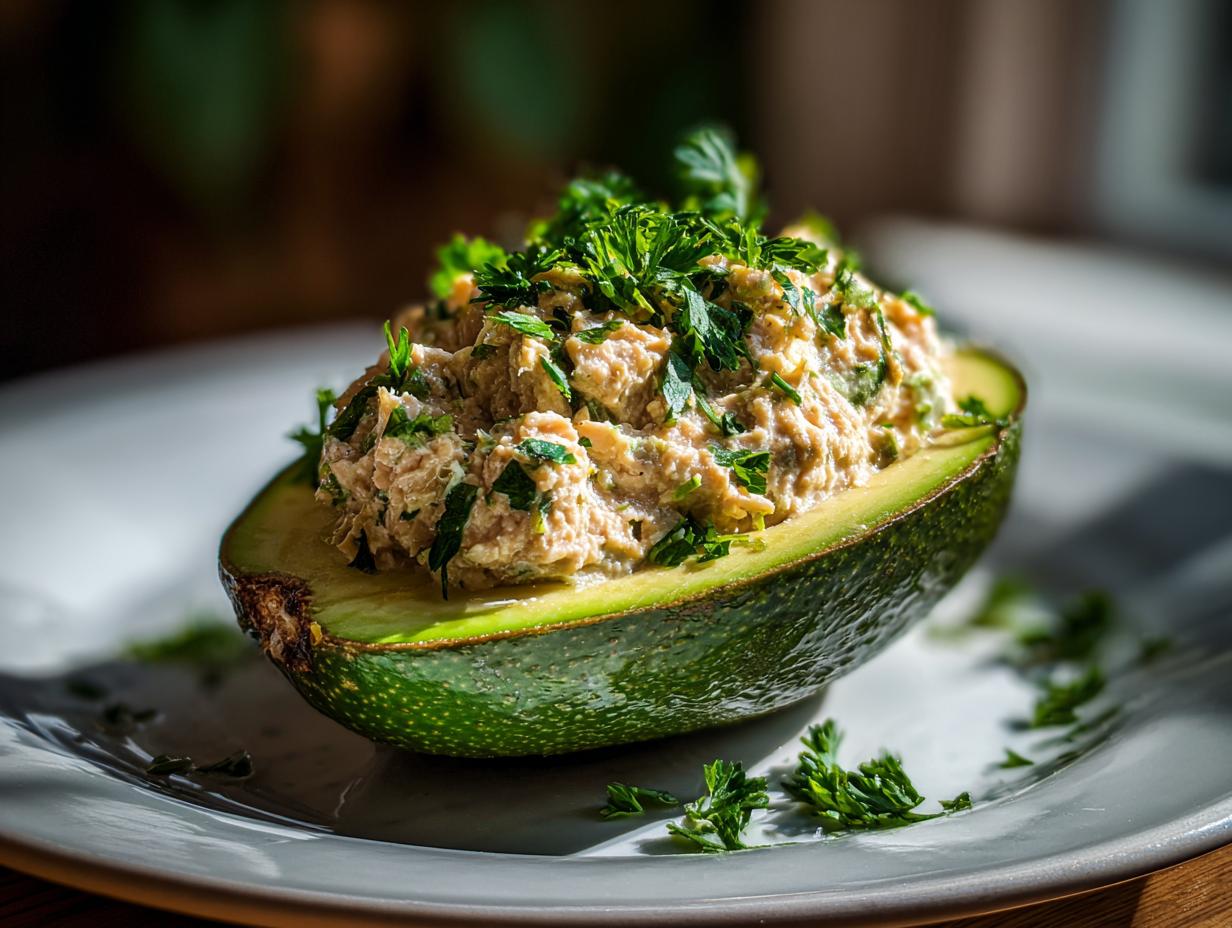 Half avocado stuffed with creamy tuna salad topped with chopped fresh herbs on a plate.