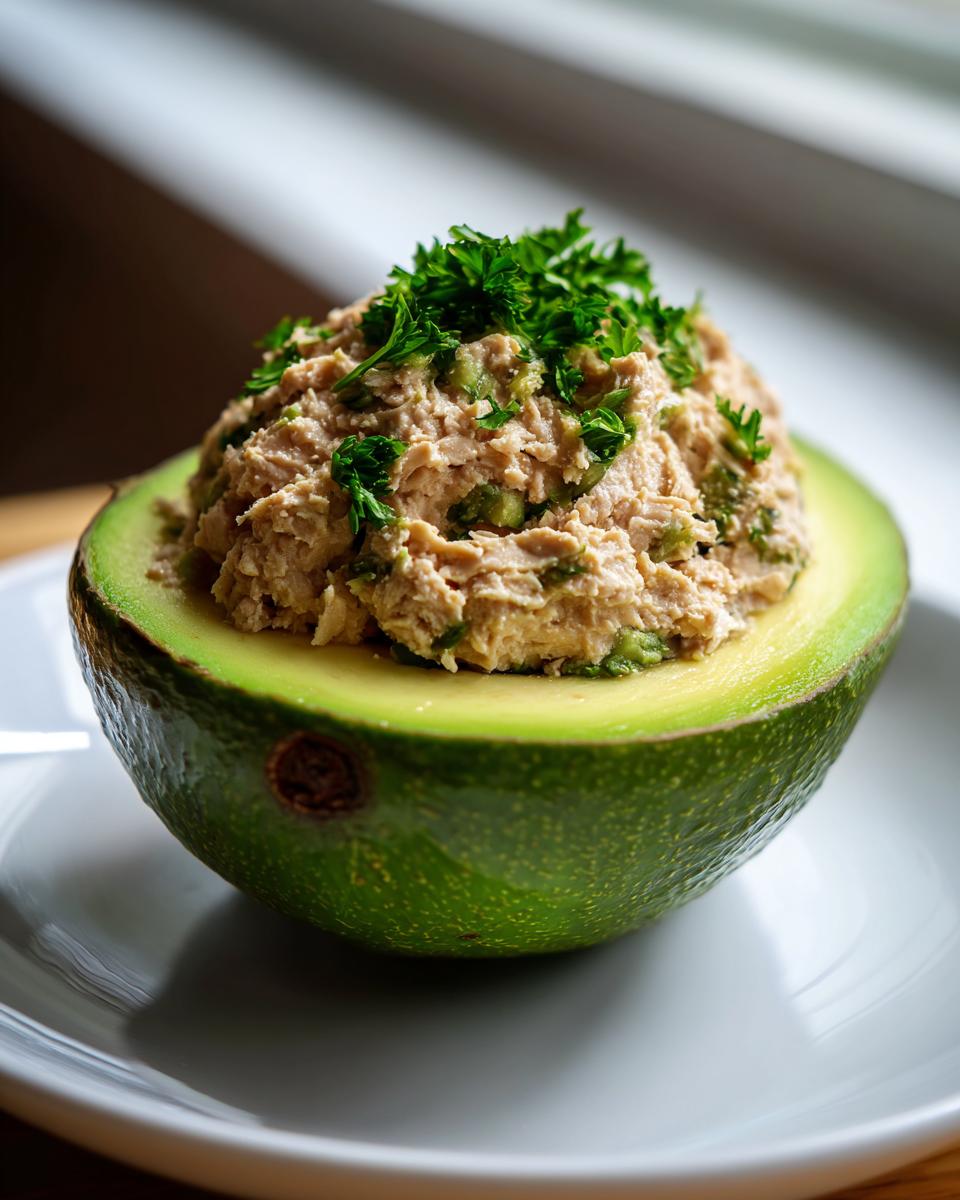 Half avocado filled with creamy tuna stuffed avocado garnished with fresh parsley on a white plate.